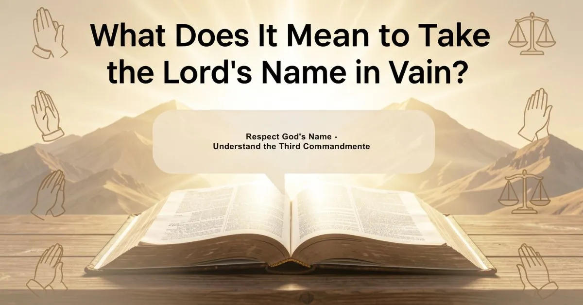 Open Bible on a wooden table with glowing light in the background representing Mount Sinai, highlighting the Third Commandment about taking the Lord's name in vain, surrounded by subtle prayer hands and worship icons symbolizing reverence, integrity, and ethical living in daily faith practices.