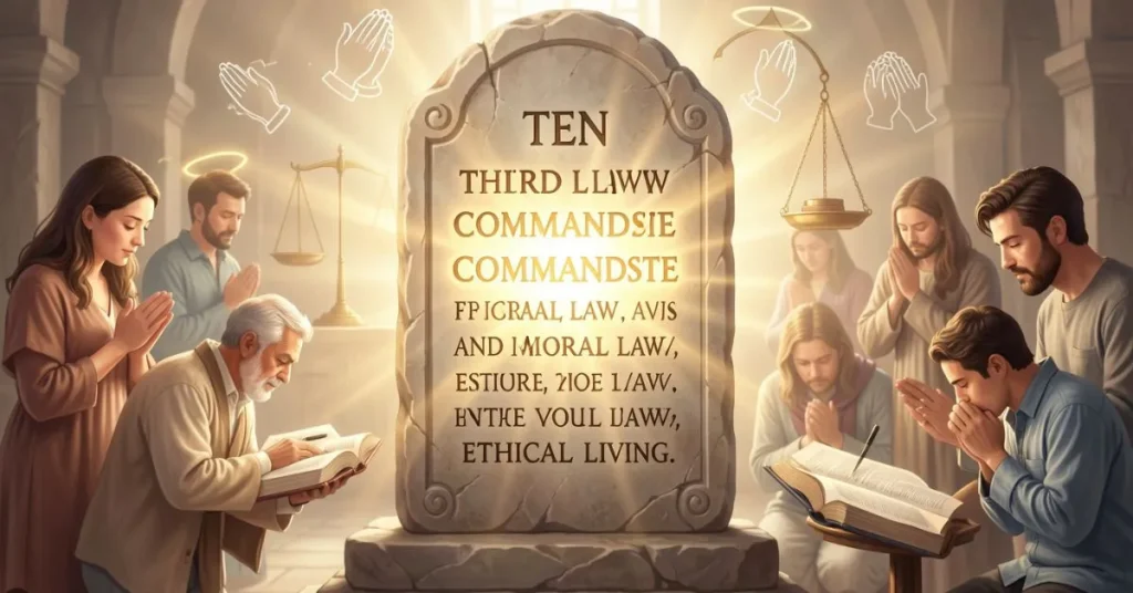 Stone tablet showing the Ten Commandments with the Third Commandment highlighted, surrounded by symbols of moral law such as scales of justice and an open Bible, while people in the background demonstrate honesty, prayer, and ethical behavior, illustrating how the Third Commandment teaches reverence, integrity, and spiritual guidance in daily life.