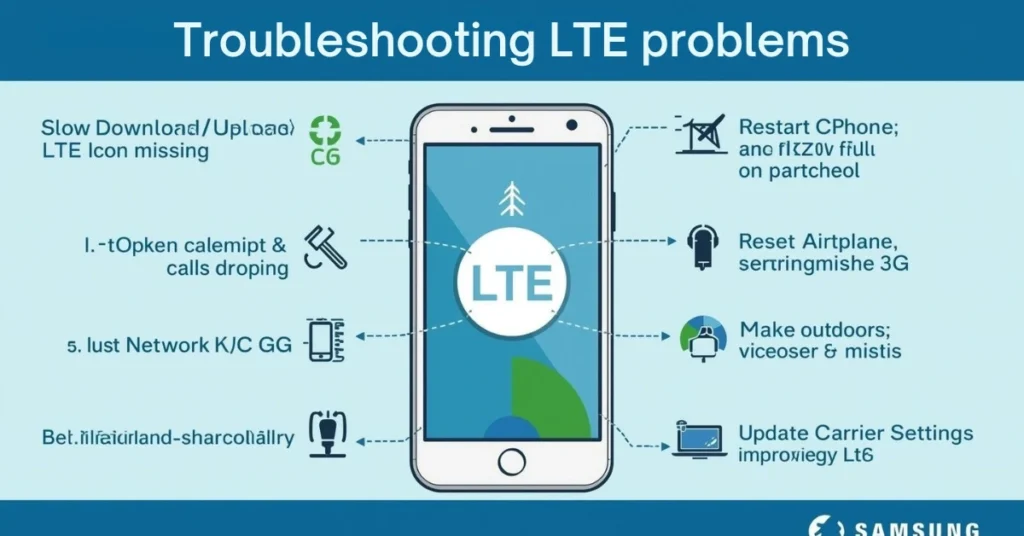 Smartphone infographic showing common LTE issues and corresponding solutions for better connectivity