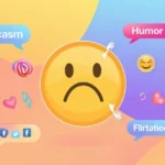 Upside down emoji 🙃 surrounded by texting bubbles, social media icons, and playful symbols representing sarcasm, humor, and flirting in digital communication