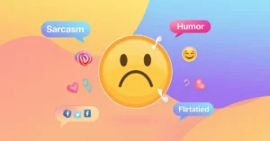 Upside down emoji 🙃 surrounded by texting bubbles, social media icons, and playful symbols representing sarcasm, humor, and flirting in digital communication