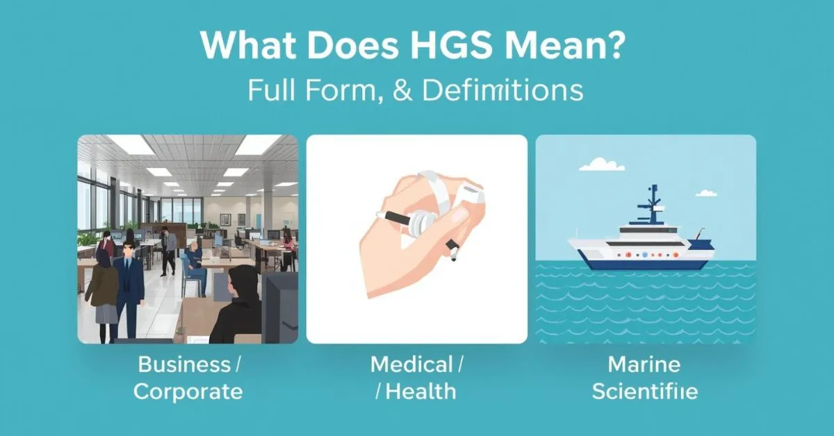 Illustration showing HGS meanings: business BPO office, handgrip strength test, and ocean mapping survey
