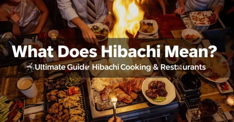 Hibachi chef cooking steak, shrimp, and vegetables on a tabletop grill, entertaining diners with flames and interactive cooking, infographic-style overlay text.