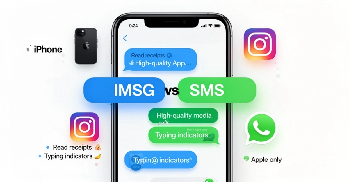 IMSG vs SMS comparison on smartphone with chat bubbles and messaging app icons showing iMessage features