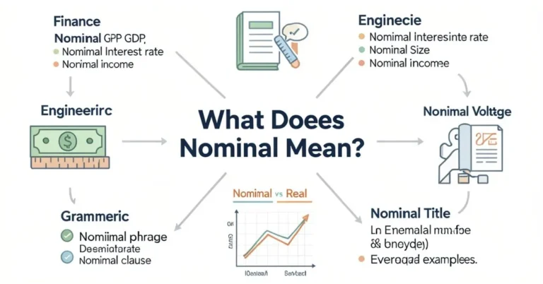 Infographic explaining what nominal means in finance, engineering, grammar, and everyday examples with nominal vs real comparison