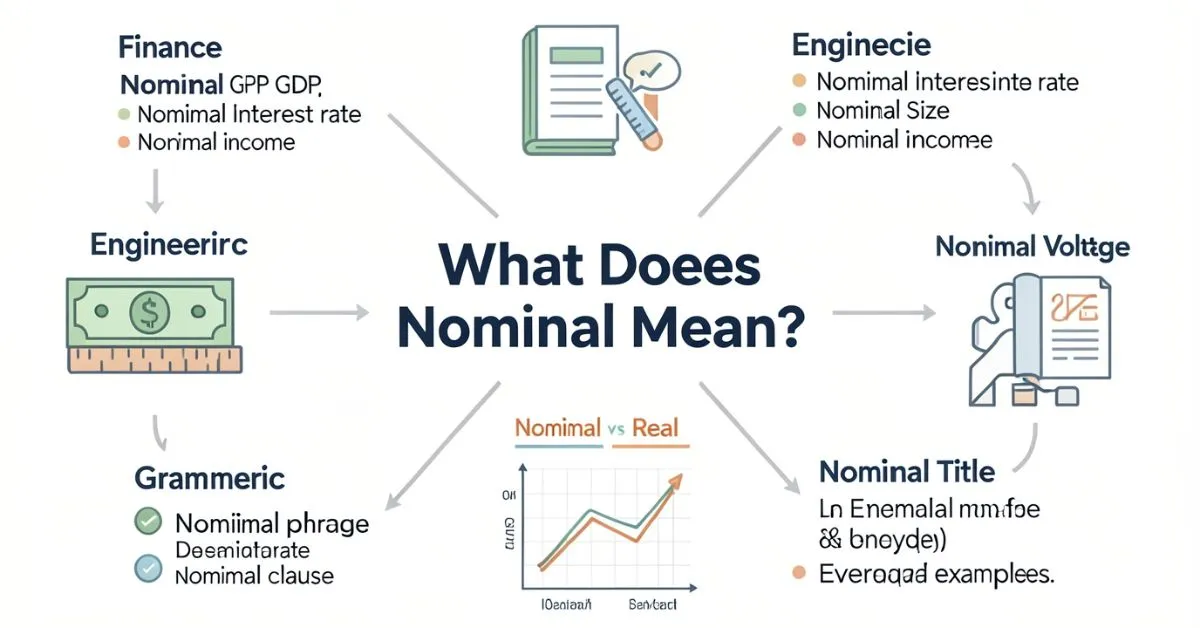 Infographic explaining what nominal means in finance, engineering, grammar, and everyday examples with nominal vs real comparison