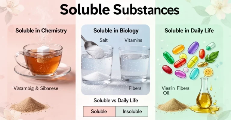 Infographic showing soluble substances in chemistry, biology, and everyday life with examples of sugar, salt, and vitamins
