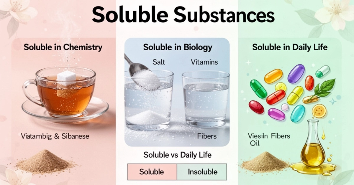 Infographic showing soluble substances in chemistry, biology, and everyday life with examples of sugar, salt, and vitamins