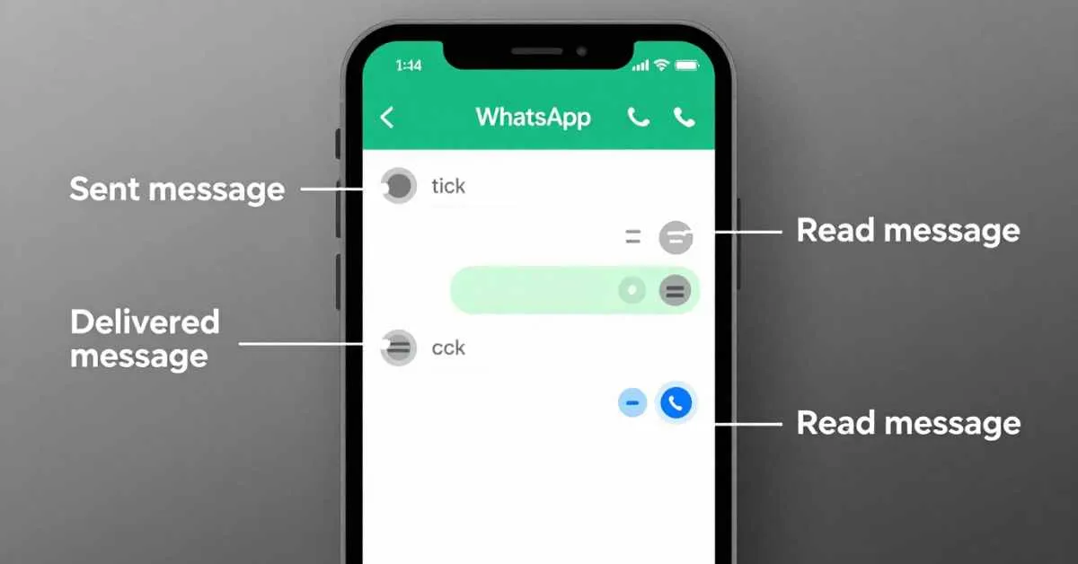 WhatsApp chat showing single grey tick, double grey ticks, and blue ticks with message status labels