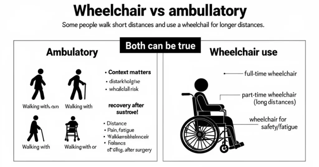 Wheelchair vs ambulatory infographic showing walking levels and when wheelchair use may be part-time or full-time.