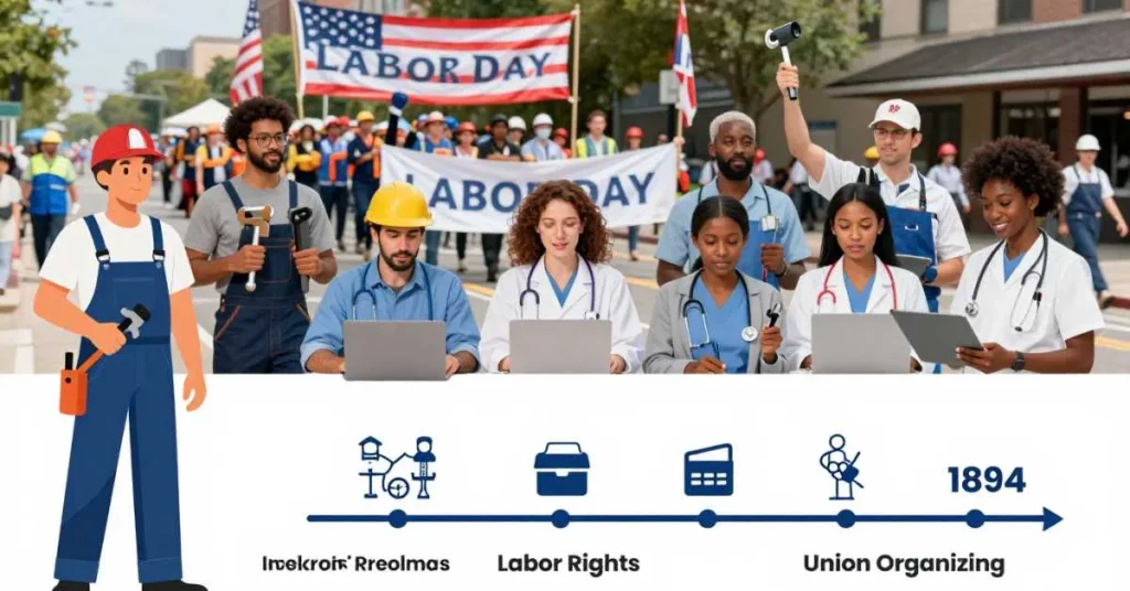 Diverse workers celebrating Labor Day with parade and banners