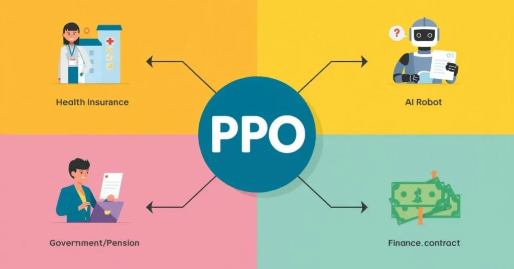 Infographic showing why PPO has multiple meanings across insurance, AI, jobs, and pensions.