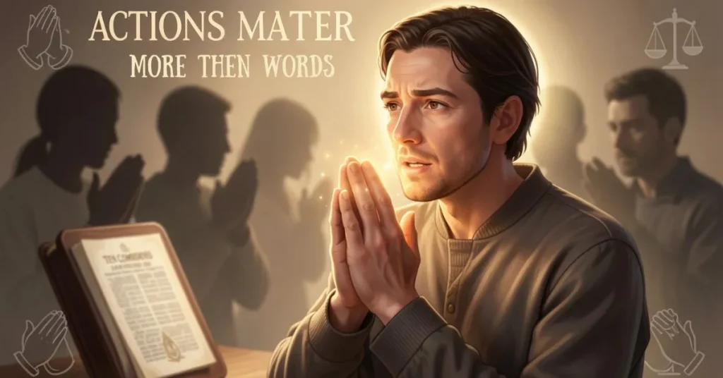 Person praying with glowing hands symbolizing sincere speech, while shadowed figures in the background represent hypocrisy and false promises, a Bible or Ten Commandments tablet subtly included, illustrating that honoring God’s name requires both words and actions, emphasizing moral law, spiritual integrity, and reverence in daily life.