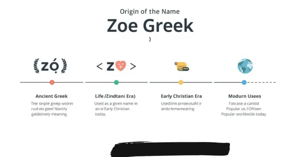 showing Zoe’s Greek origin, meaning “life,” timeline history, and ZOH-ee pronunciation.