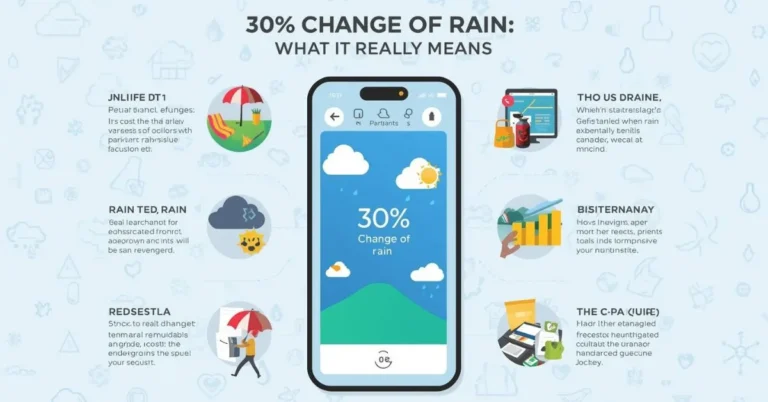 Illustration showing 30% chance of rain forecast with umbrella, picnic, and radar planning