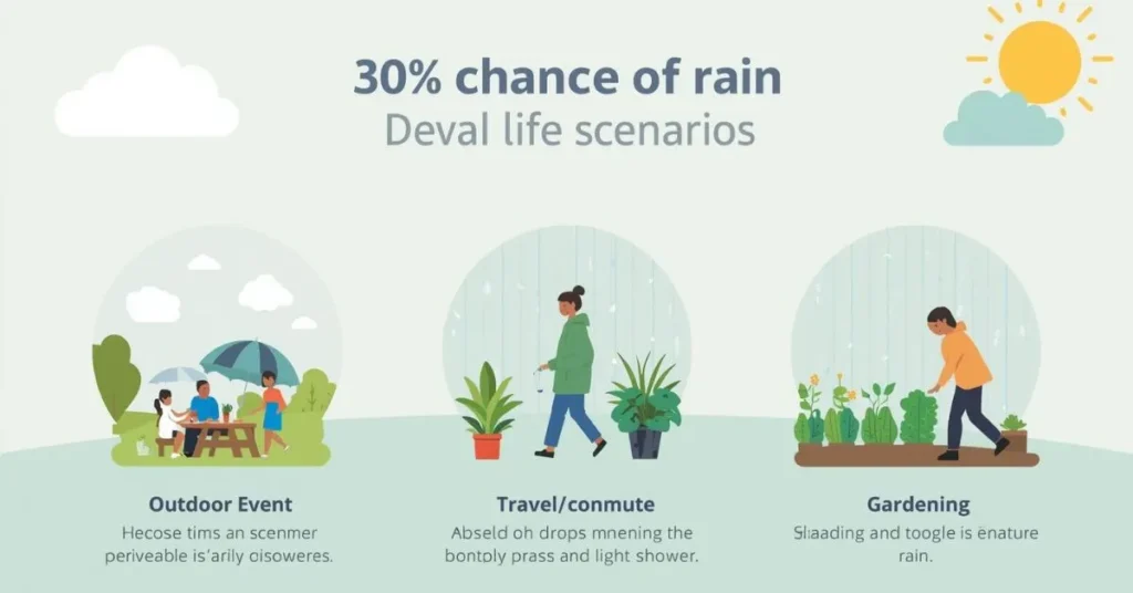 Illustration showing daily life examples of a 30% chance of rain with picnic, commute, and gardening scenarios