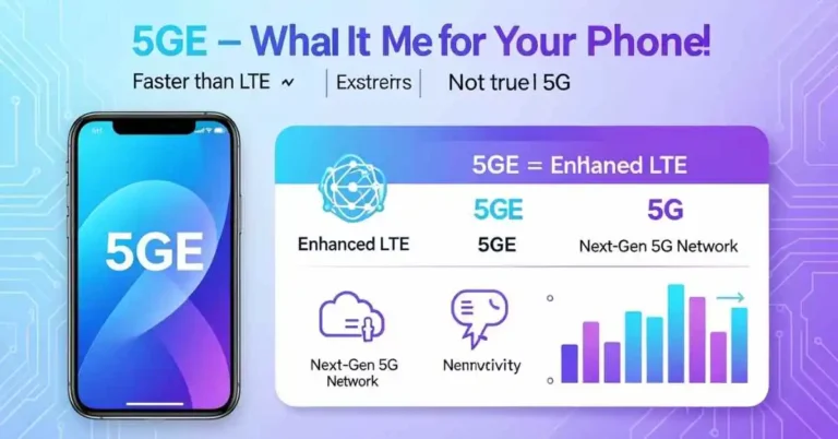 Infographic comparing 5GE and 5G, showing 5GE as enhanced LTE and 5G as next-generation network with speed and connectivity icons.