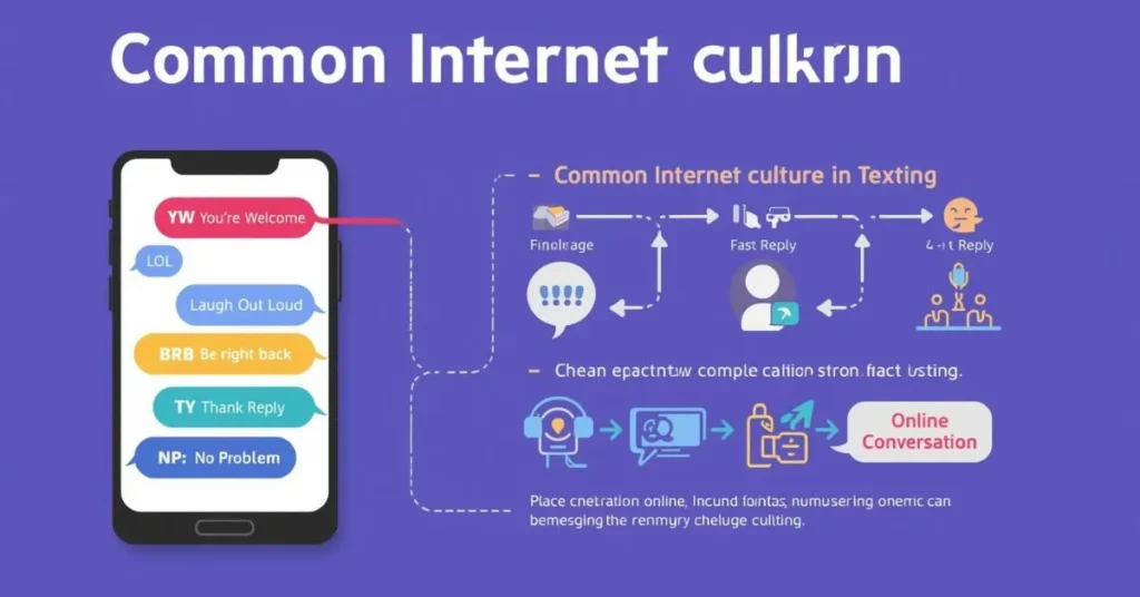 Infographic showing common internet culture with texting abbreviations like YW, LOL, and BRB in chat bubbles