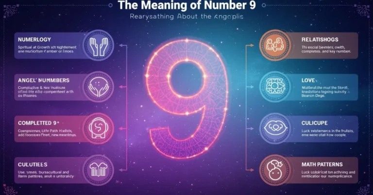 infographic showing spiritual, numerology, cultural, and mathematical meanings of number 9