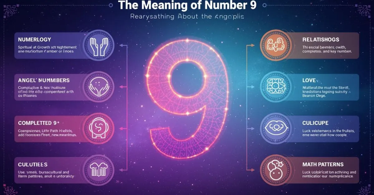 infographic showing spiritual, numerology, cultural, and mathematical meanings of number 9