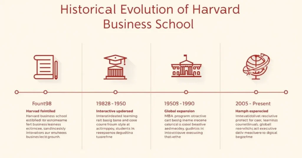 Timeline infographic showing the historical evolution of Harvard Business School