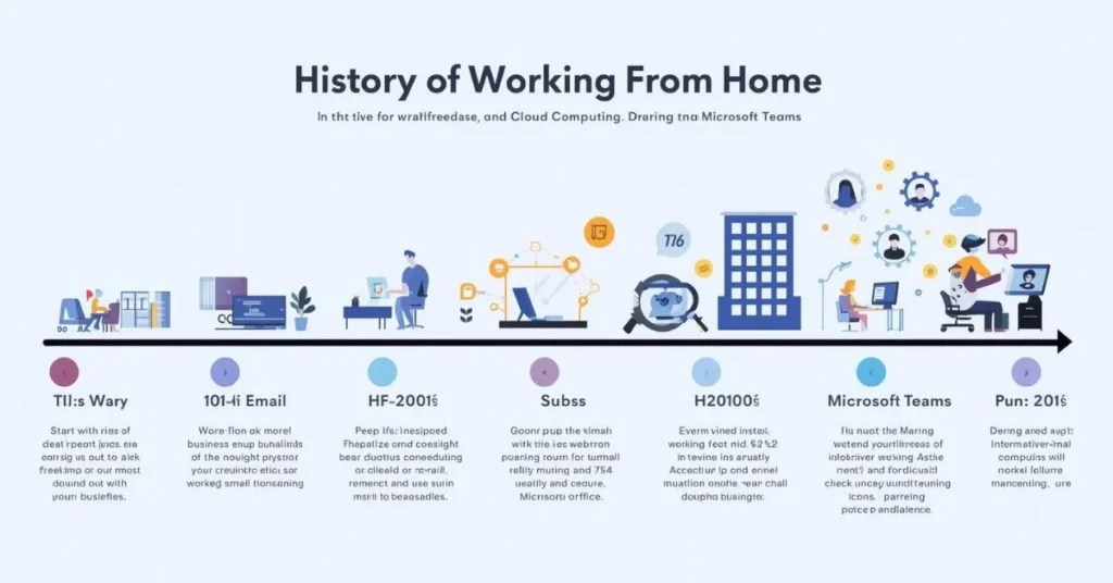 Timeline illustration showing the evolution of working from home from early freelancers to modern remote work