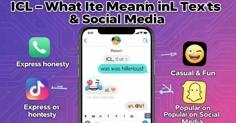infographic showing ICL meaning in texting and social media with example chat, emojis, and platform icons.