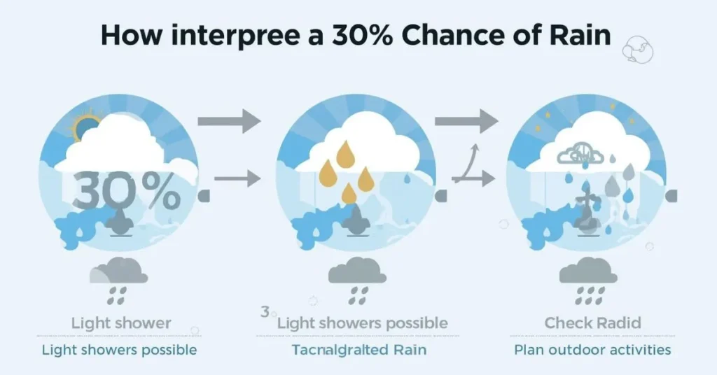 Infographic showing how to interpret a 30% chance of rain with scattered showers and activity tips