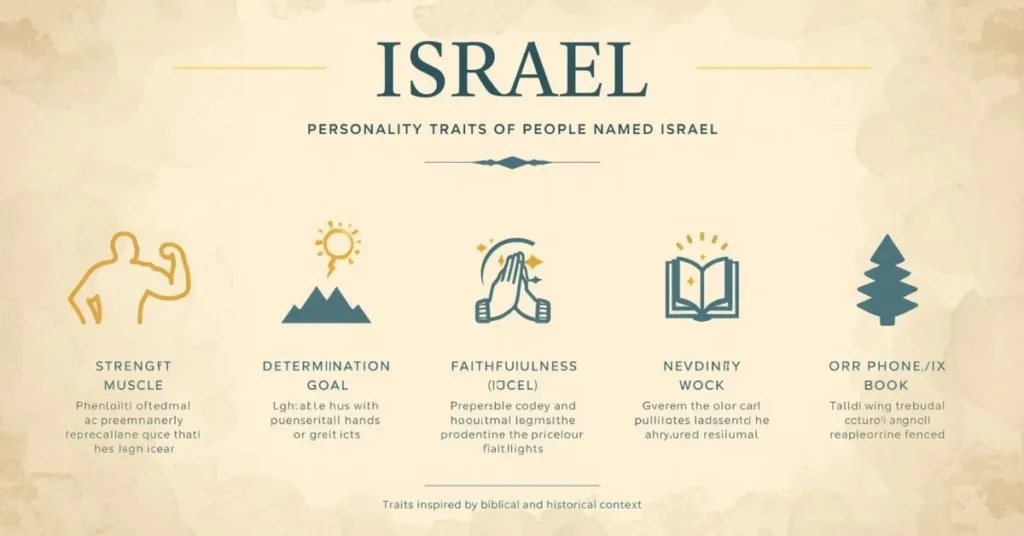 Personality traits of people named Israel illustrated with icons for strength, faith, wisdom, and resilience