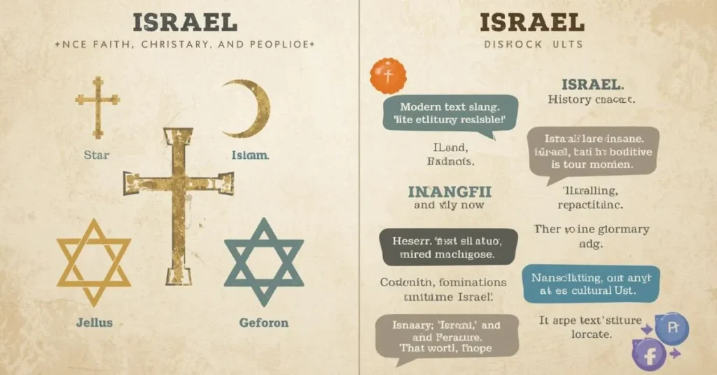 Israel meaning in religions and modern slang illustrated with symbols and social icons