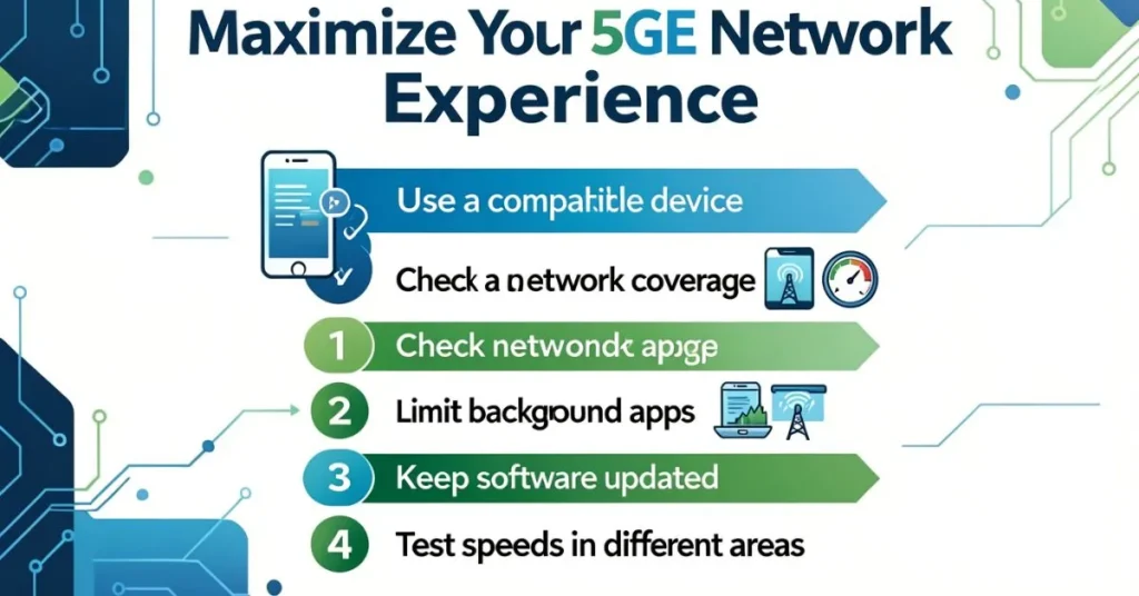 Infographic showing 5 tips to maximize 5GE network performance with smartphone and tower icons