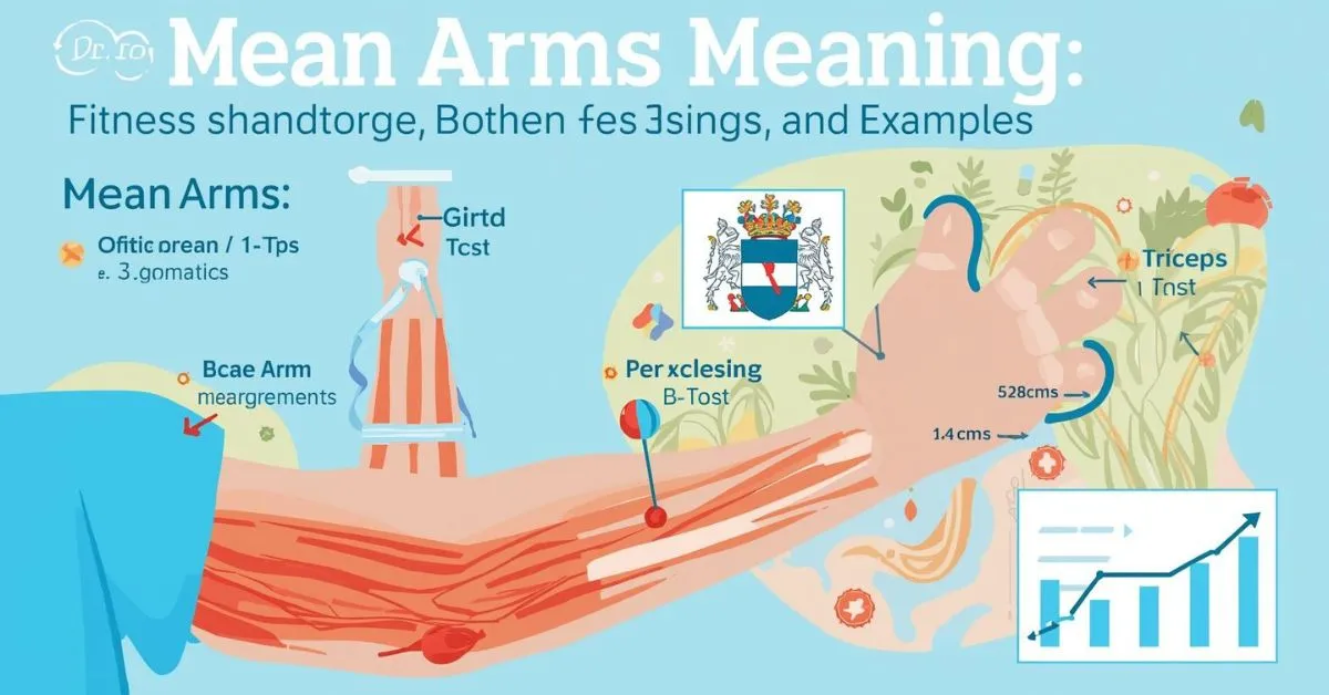 Illustration of muscular arm with mean measurement chart and coat of arms icon