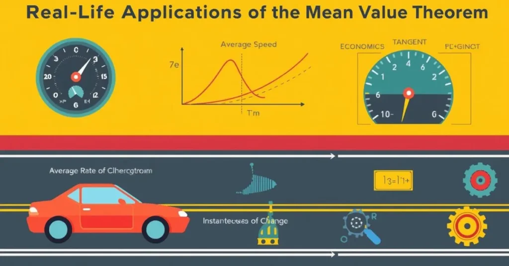 Illustration showing real-life uses of the mean value theorem in speed, economics, and engineering.
