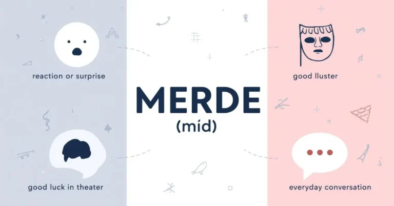 Educational graphic showing the meaning and pronunciation of merde in French