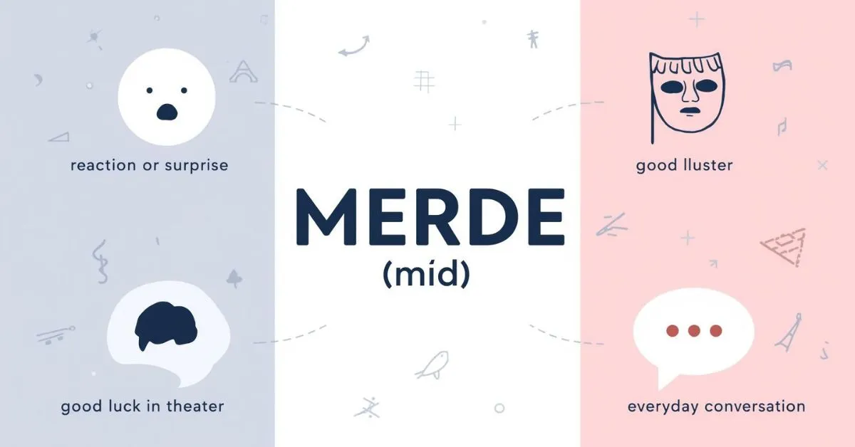 Educational graphic showing the meaning and pronunciation of merde in French