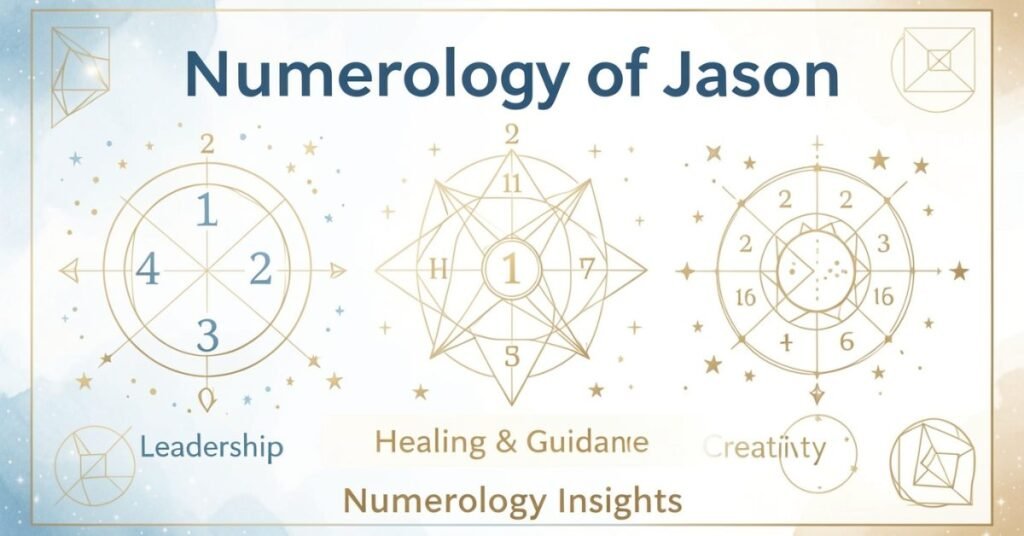 Create a Pinterest-style educational graphic for ‘Numerology of Jason’. Do NOT include any people. Use symbols like numbers, stars, cosmic patterns, and geometric shapes to represent numerology and destiny. Include subtle text highlights: ‘Leadership’, ‘Creativity’, ‘Healing & Guidance’, and ‘Numerology Insights’. Use soft blues, golds, and whites for a mystical, clean, and visually appealing layout. Ensure it is modern, minimal, and suitable for blog or Pinterest sharing.