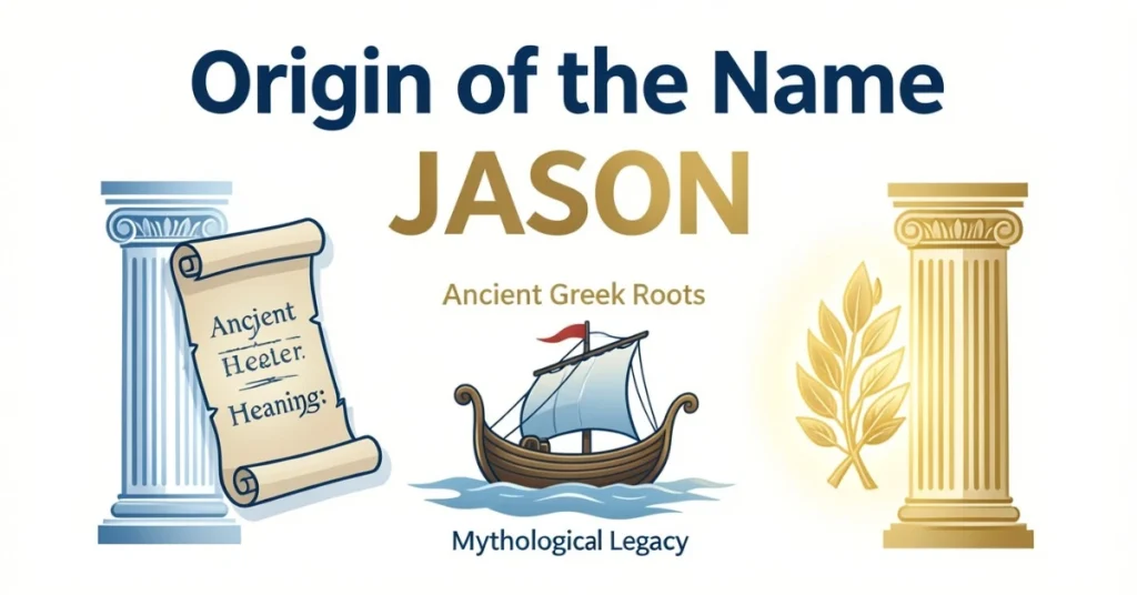 Origin and Greek mythology of the name Jason with symbols of heroism and leadership