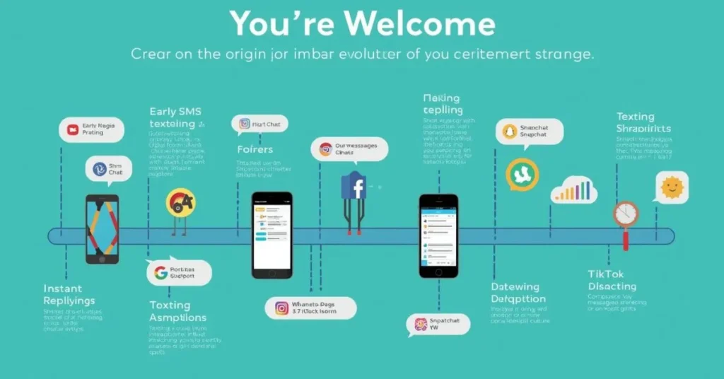 Timeline infographic showing the origin of YW in internet slang from SMS to social media chats