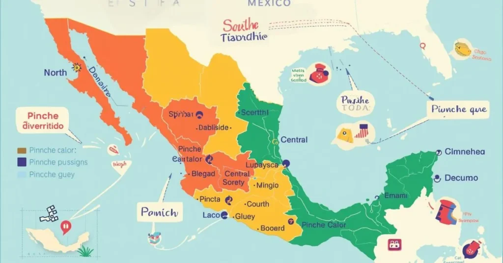 Map of Mexico showing regional differences in the use of the slang word “Pinche” with example phrases and cultural icons