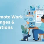Illustration of remote work challenges, including distractions, communication gaps, and work-life balance