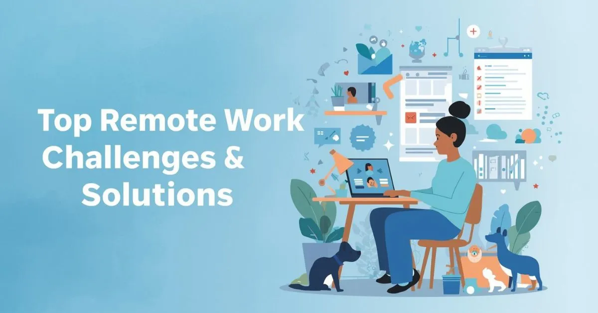 Illustration of remote work challenges, including distractions, communication gaps, and work-life balance