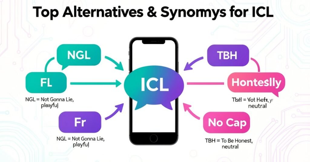 "Infographic showing ICL in the center with arrows pointing to alternatives like NGL, TBH, Fr, Honestly, and No Cap, with brief explanations for each."