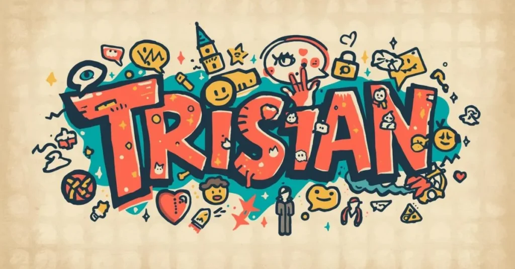 Tristan name meaning in modern slang illustration with emojis and chat icons
