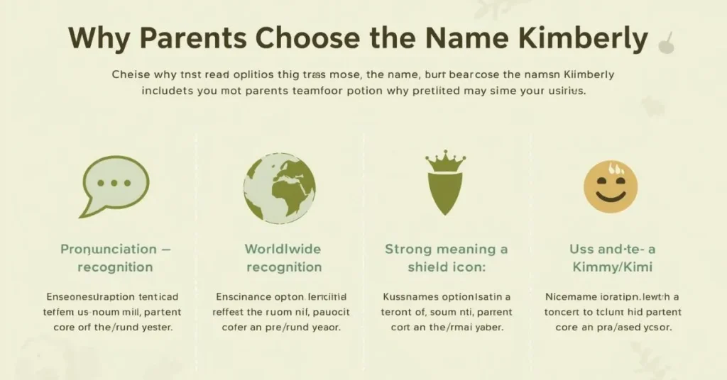 Infographic showing reasons why parents choose the name Kimberly including meaning, sound, and nicknames