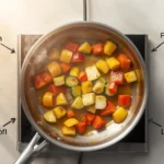 egetables sauteing in a hot skillet with simple cooking labels