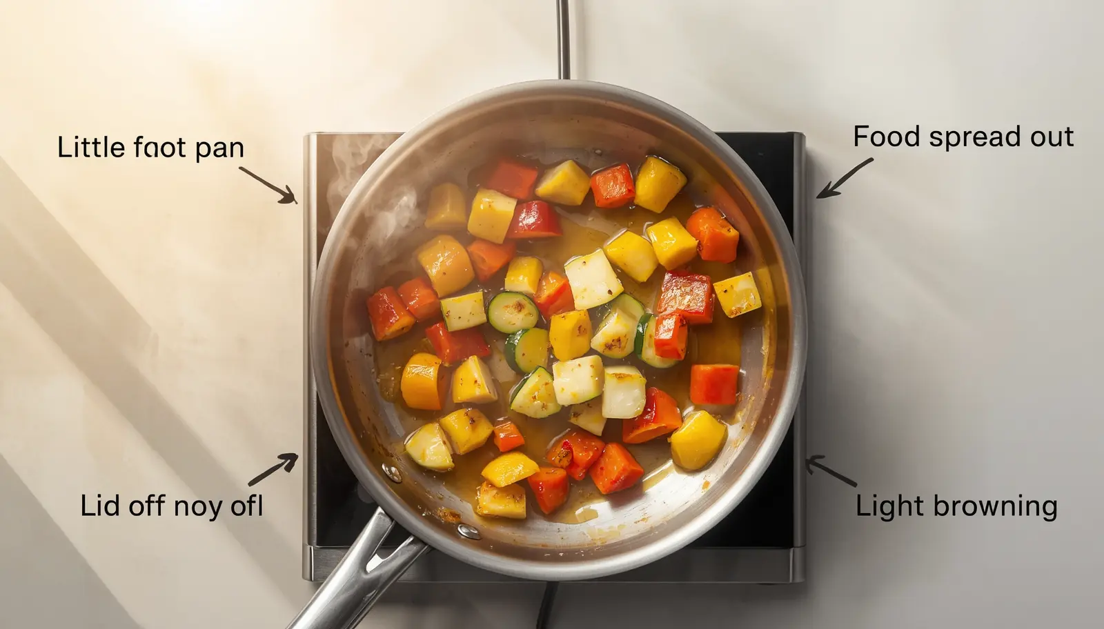 egetables sauteing in a hot skillet with simple cooking labels
