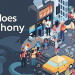 Cacophony meaning illustrated with clashing city sounds