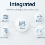 Icons from different fields joining into one connected system to show the meaning of integrated.