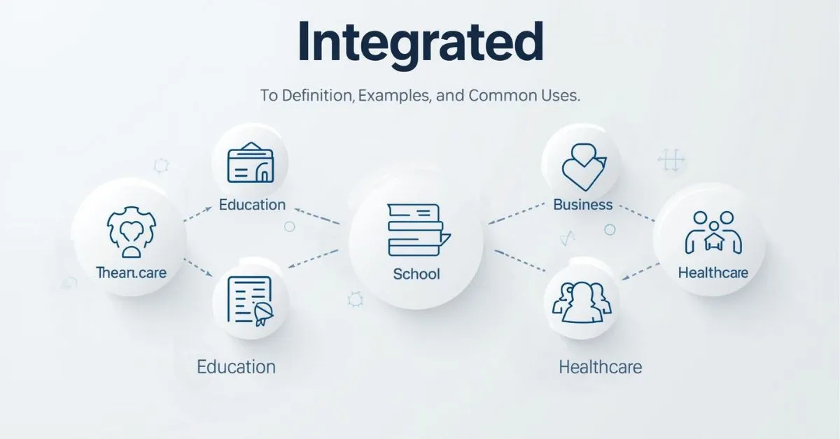 Icons from different fields joining into one connected system to show the meaning of integrated.