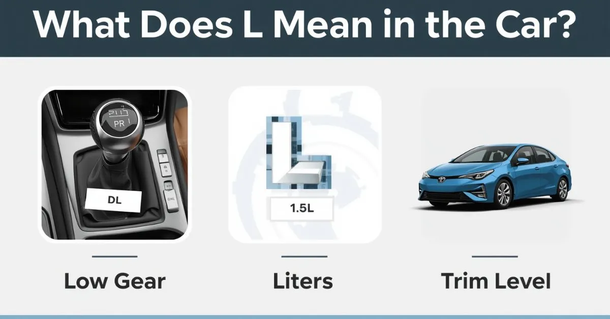 Infographic showing Low gear, liters, and trim level meanings of L in a car